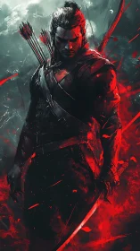 Armored swordsman with bow in red and teal battle haze.