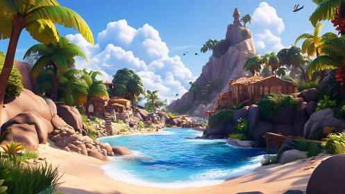 Tropical Paradise Cove With Ancient Architecture and Turquoise Waters.