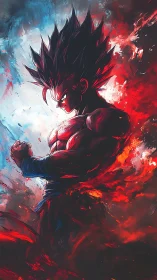 Spiky haired warrior stands in red and blue energy storm