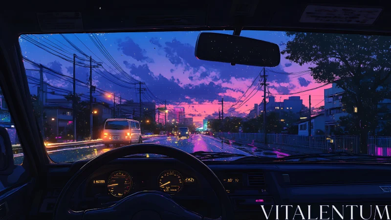 Interior car view frames wet urban street at dusk