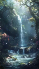 Cascading Waterfall Through Ancient Forest Sanctuary