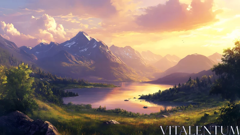 Sunlit alpine lake valley with snowcapped mountain range