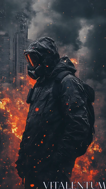 Hooded survivor in gas mask surveys flaming postwar city