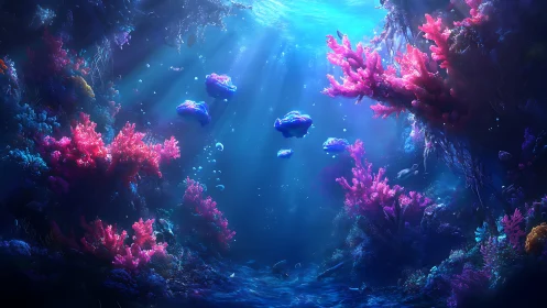 Volumetric blue caustics illuminate neon coral reef structures
