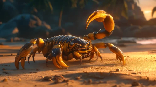Hybrid scorpion-crustacean under cinematic coastal lighting.