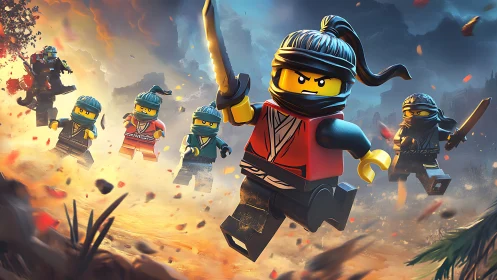 Dynamic LEGO ninja team rendered in high-contrast cinematic 3D battle