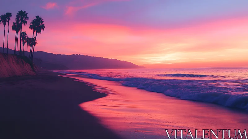 Cotton candy sunset surf kissing a quiet palm-lined shore.
