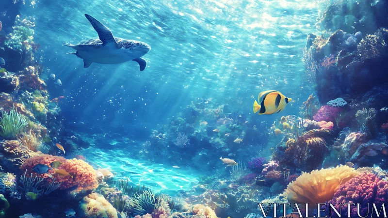 Radiant pelagic reefscape with turtle and butterflyfish interplay.
