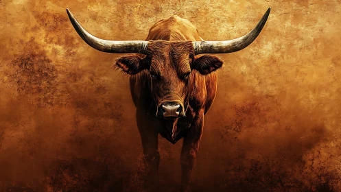 Powerful longhorn bull stands against textured ocher haze