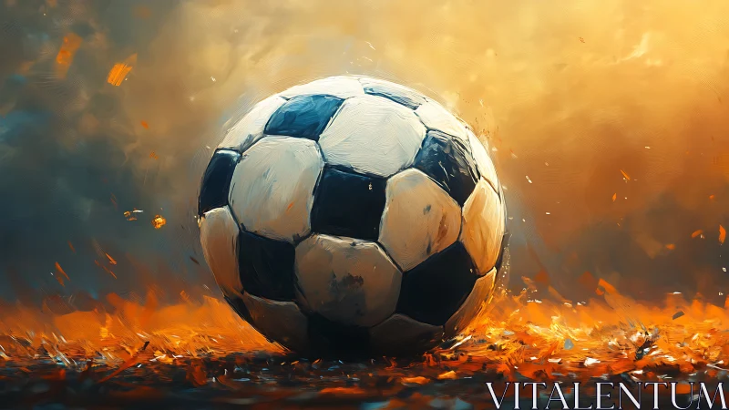 Soccer ball resting on fiery ground in warm light.