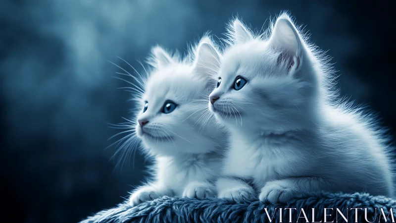 Two White Kittens with Azure Eyes Gaze Serenely