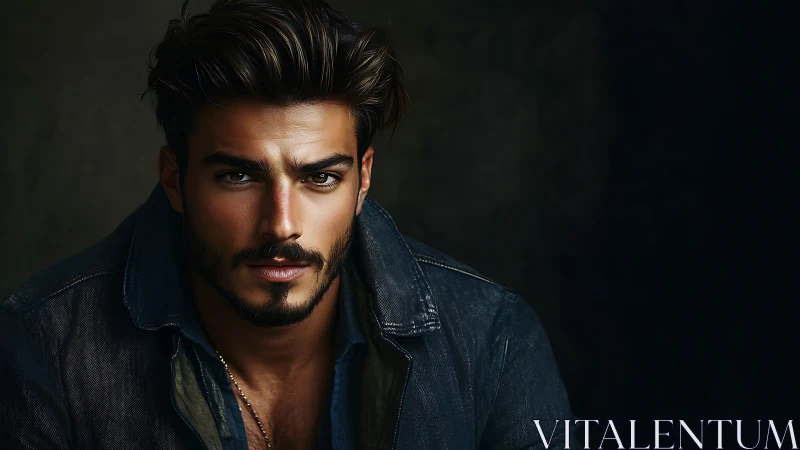 Storm-eyed stranger in denim shadow, gaze sharpened by dusk.