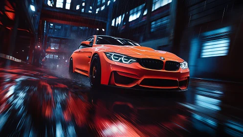 Neon-lit sports coupe in cinematic rain-soaked street scene.