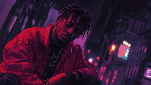 Midnight rain wraps a thoughtful young man in neon quiet