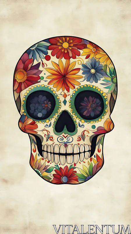 Floral sugar skull illustration on aged neutral background.