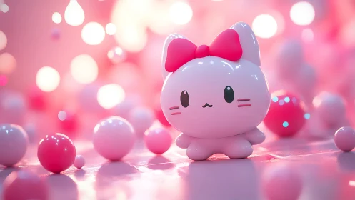 Kawaii pink cat figurine in glossy bokeh render environment.