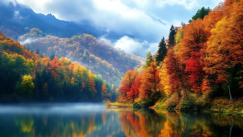 Vibrant autumn forest reflected on calm mountain lake.