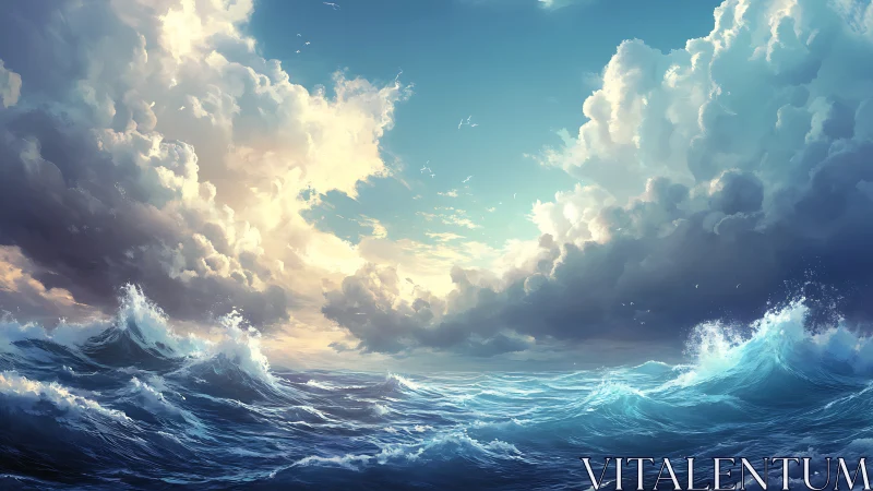 Dynamic ocean waves under expansive cumulus cloudscape.