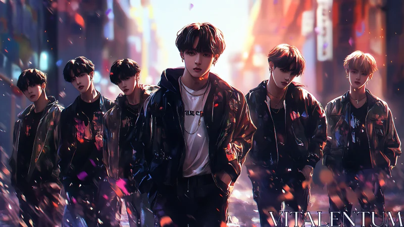 Urban luminescent boy band under cinematic depth blur.