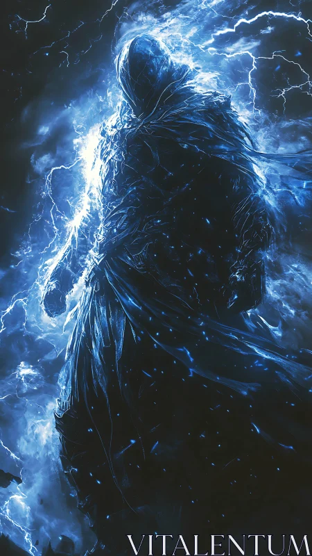 Storm-wrapped wraith strides through crackling electric midnight