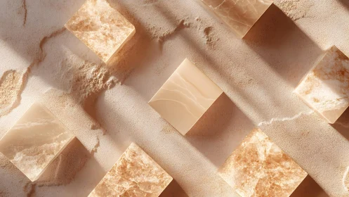 Marble-like cubes rest on sand amid warm evening light.