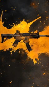 Splatter-forged rifle silhouette over molten amber storm.