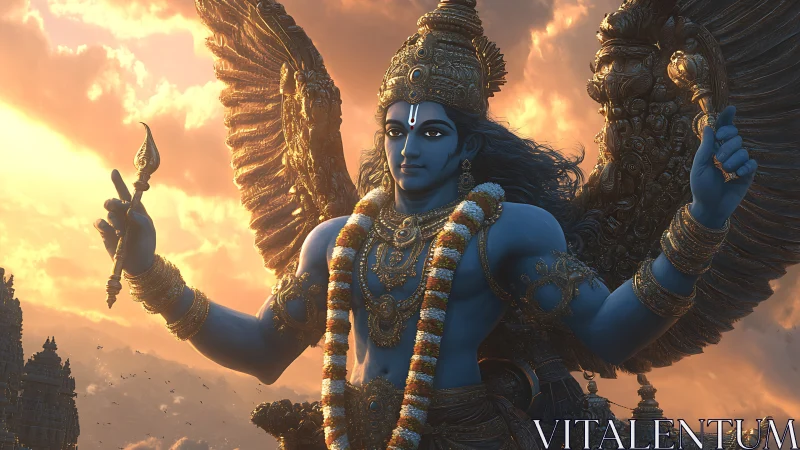 Winged blue deity amid blazing temple sky at dusk.