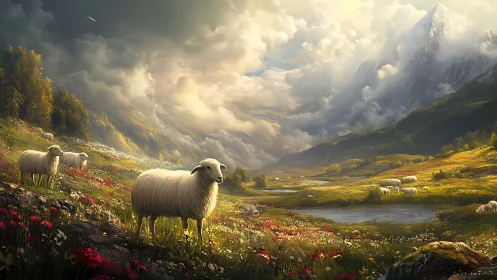 Sheep grazing in a flowered valley beneath clouded peaks.