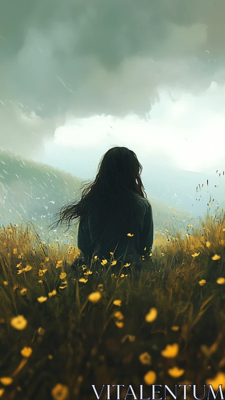 Girl in a wildflower meadow waiting on the coming storm.