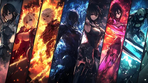 Elemental cyber warriors aligned in dynamic anime panels.