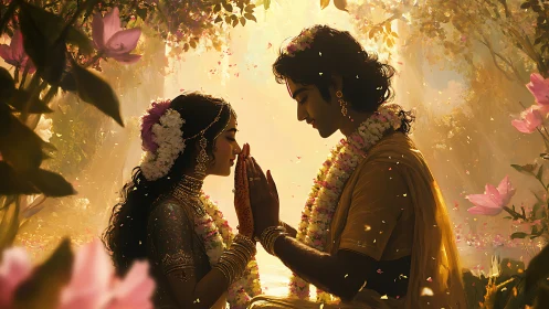 Two adorned figures face each other in a floral garden setting