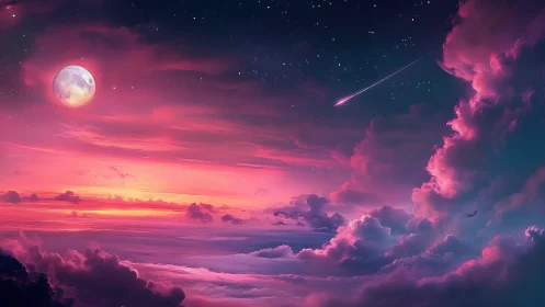 Nebular twilight sky renders stratified clouds and rising moon