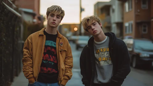 Twin teens in casual streetwear on urban alleyway at dusk.