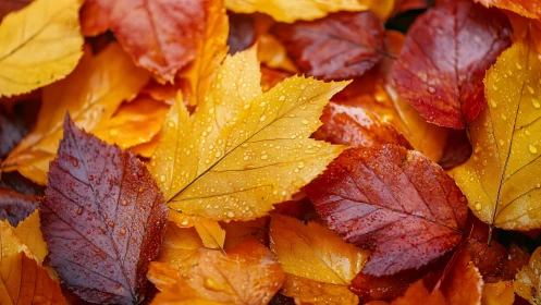 Macro autumn foliage with dewdrops in rich chromatic layering.