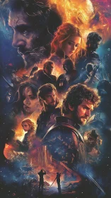 Cosmic sci fi ensemble portrait merges faces with nebulae