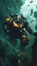 Armored space explorer drifting through a glowing asteroid field.