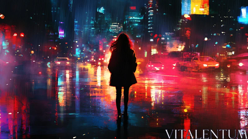 Silhouetted lone figure in neon soaked rainy city street.