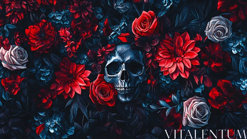 Skull Amid Red Roses and Blue Foliage.