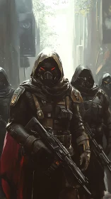 Red-eyed urban sentinels prowl a mist-soaked future alleyway.