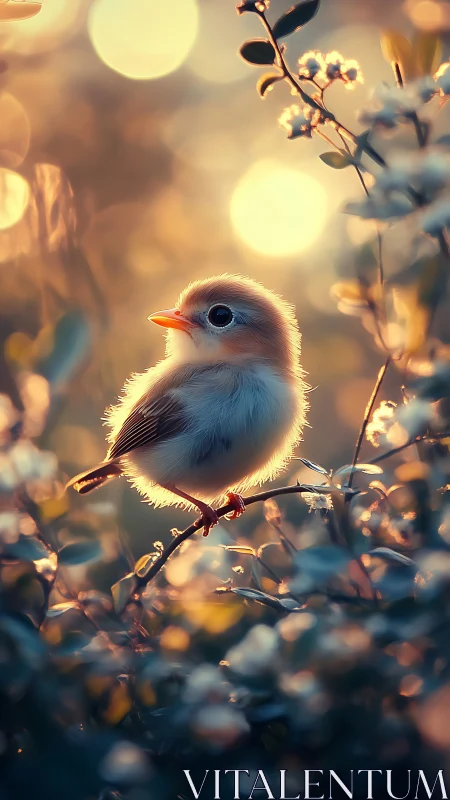 Gentle sunrise glow around a tiny, dreamy garden bird.