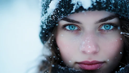 Macro winter portrait with crystalline snow and cyan irises.