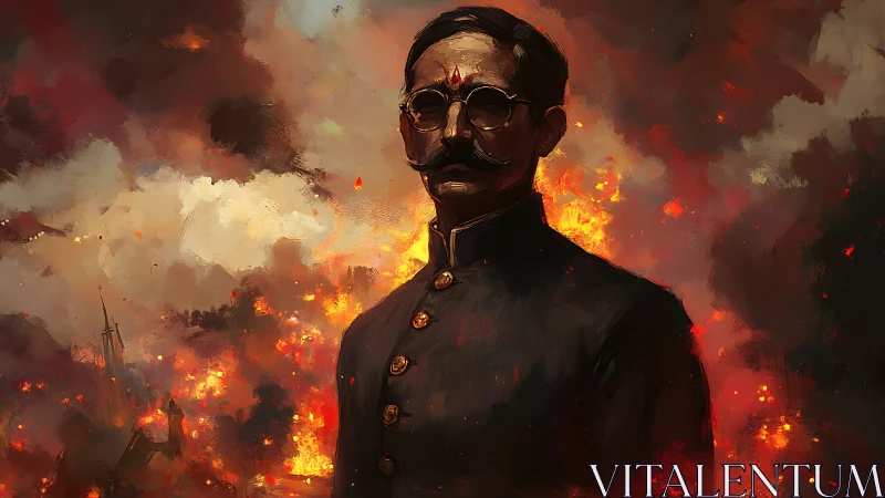 Steampunk gentleman amid flames and destruction.