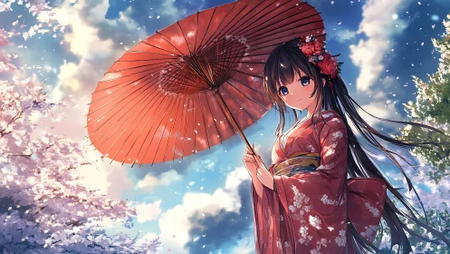 Kimono girl with umbrella under bright cherry blossoms.