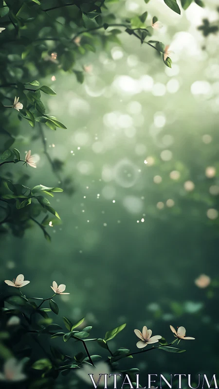 Soft-focus forest bokeh envelops delicate white blossoms in mist