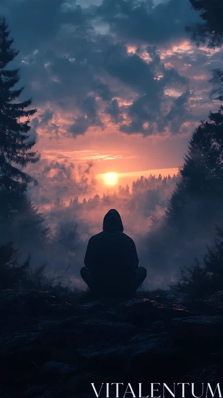 Hooded figure meditating in volumetric fog at chromatic sunrise.