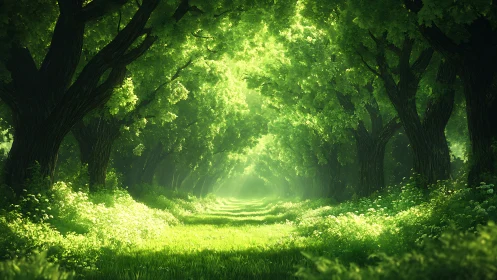 Sunlit Tree-Lined Path Through Forest.