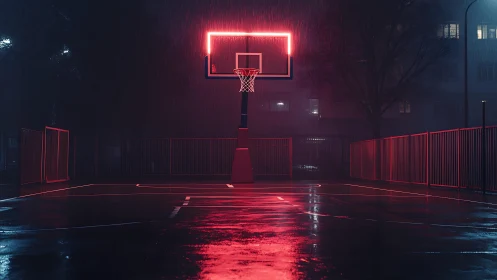Neon-lit rainy night basketball court glowing with quiet drama.
