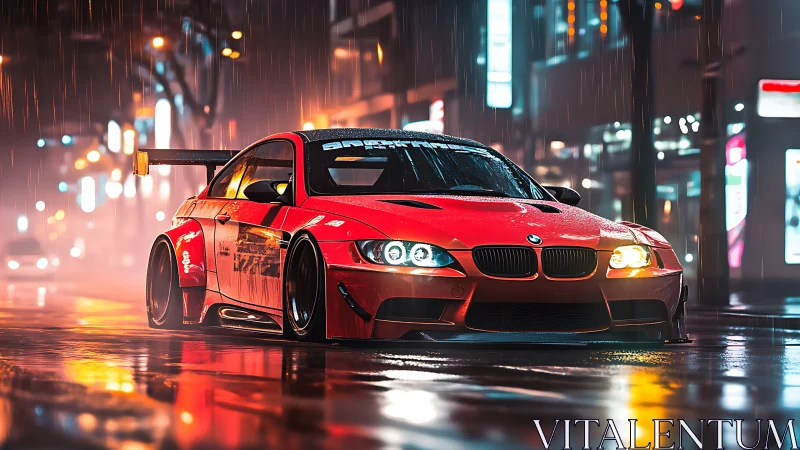 Red modified BMW coupe on wet neon city street at night.