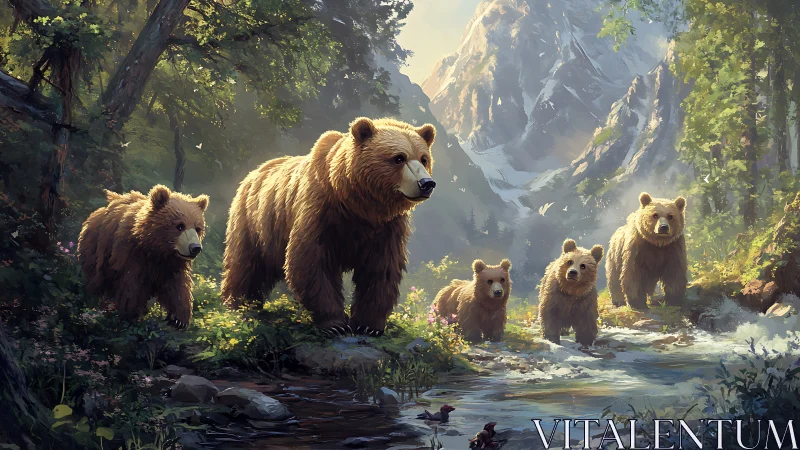 Bear family crosses a sunlit mountain stream in spring