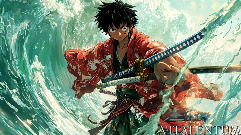 Samurai swordsman charges through crashing ocean waves